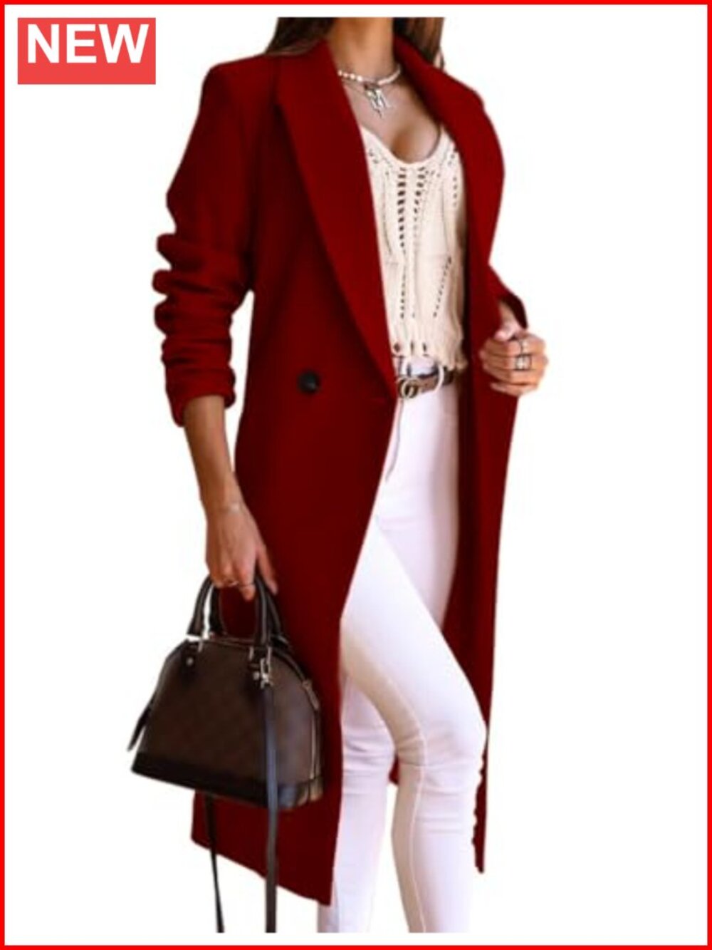 Long Wool Coat Women Double Breasted Peacoat Notch Collar Overcoat